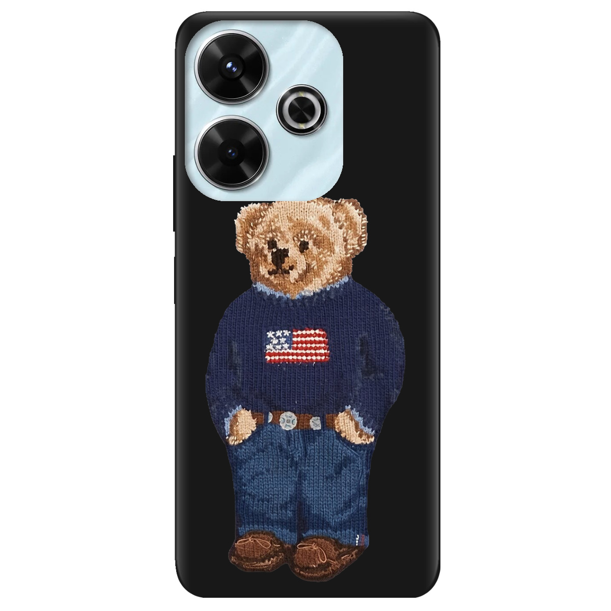 Чехол для Xiaomi Poco M6 4G черный матовый soft touch Американский мишка - фото 1 Чехол для Xiaomi Poco M6 4G черный матовый soft touch Американский мишка - фото 1 - Чехлы для телефонов