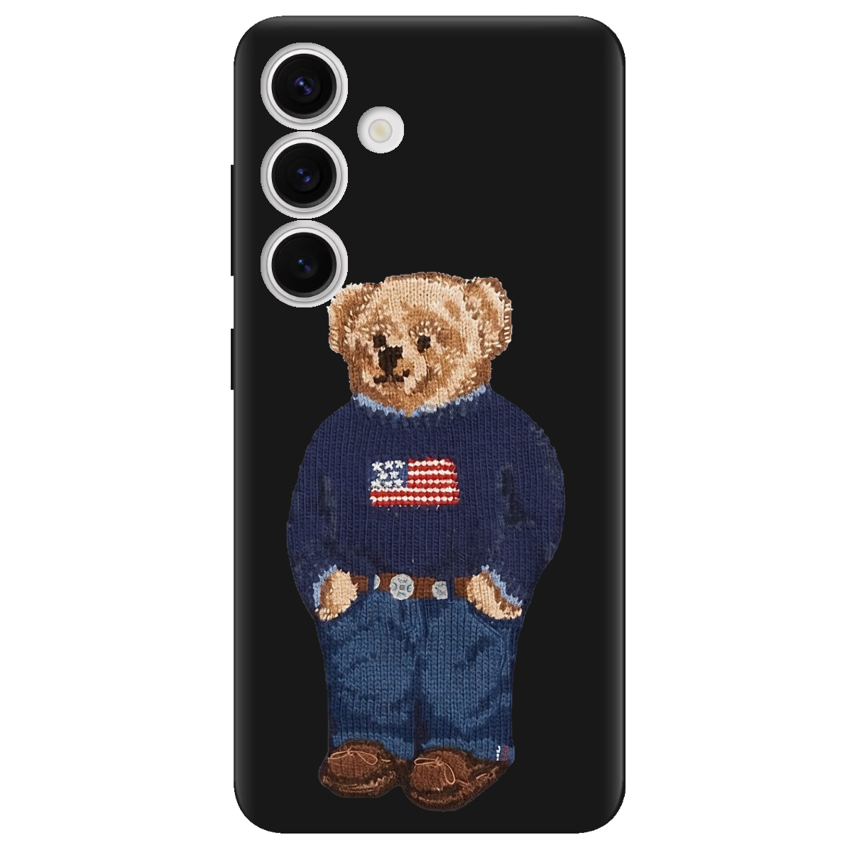 Чехол для Samsung Galaxy S25 Plus черный матовый soft touch Американский мишка - фото 1 Чехол для Samsung Galaxy S25 Plus черный матовый soft touch Американский мишка - фото 1 - Чехлы для телефонов