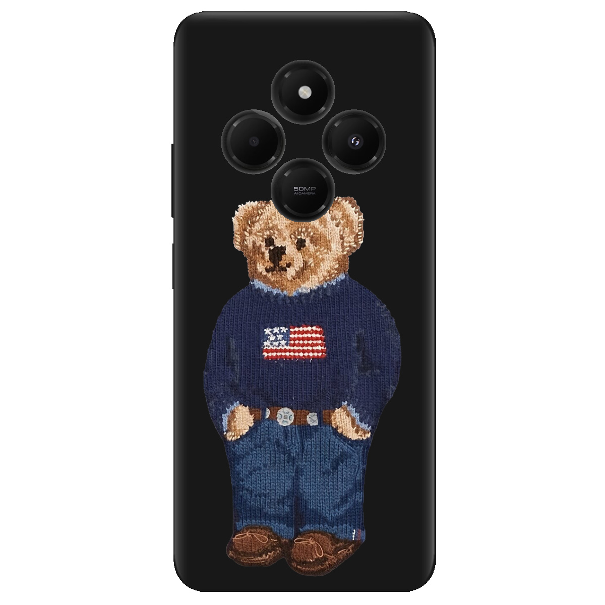 Чехол для Xiaomi Redmi 14C черный матовый soft touch Американский мишка - фото 1 - Чехлы для телефонов