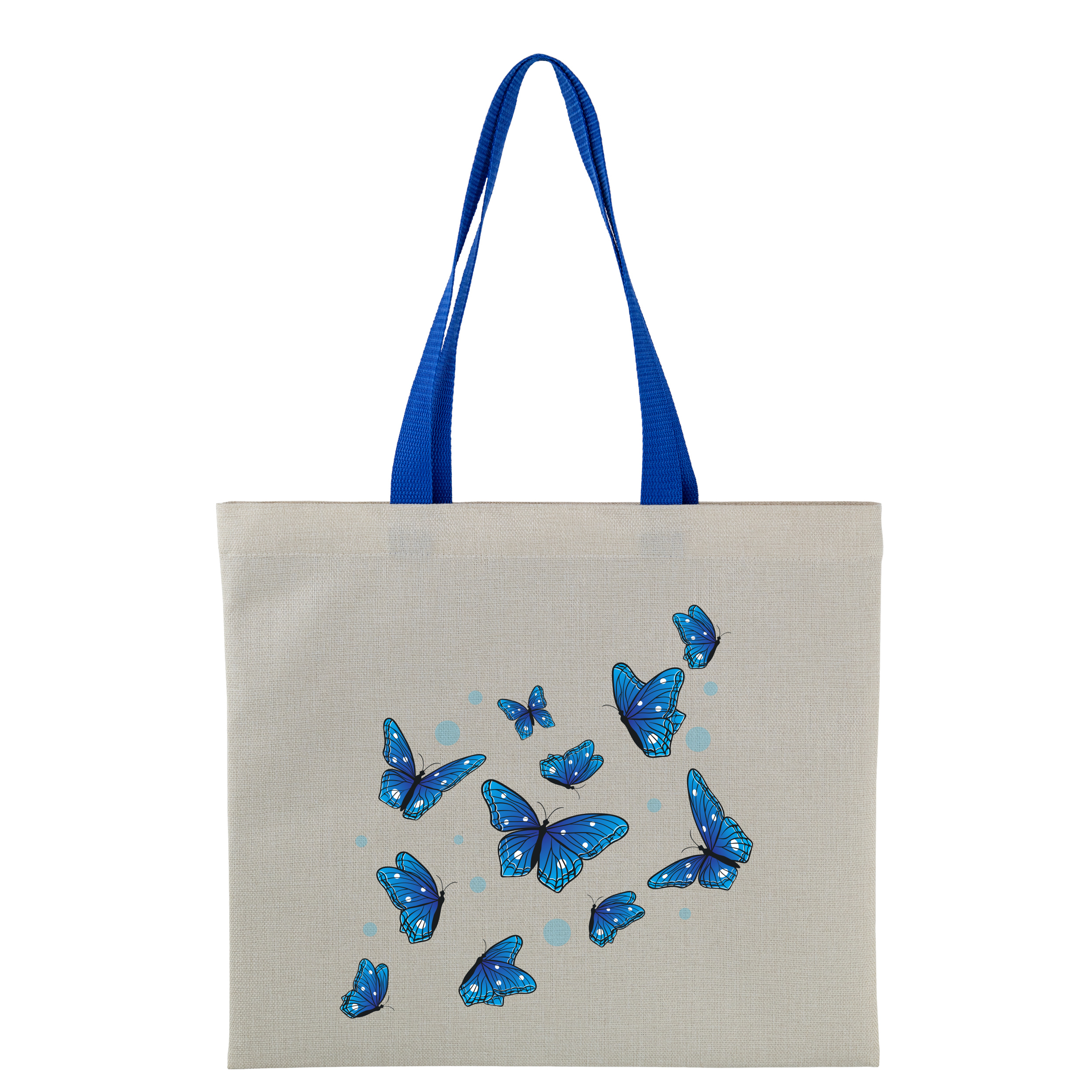 Эко сумка льняная горизонтальная с синими ручками 40,5*35,5 см Butterfly - фото 1 - Сумки, рюкзаки
