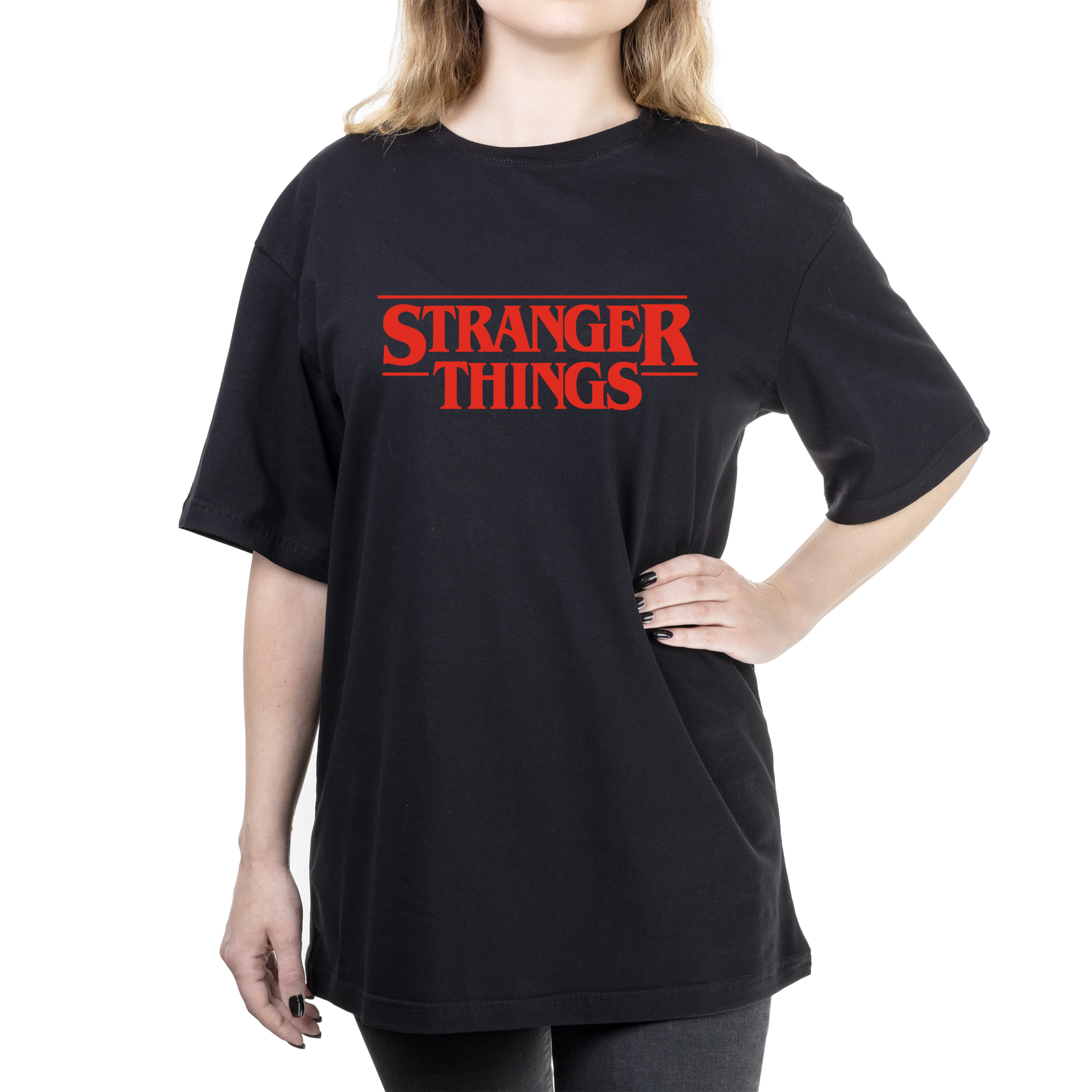 Футболка женская оверсайз черная хлопок/эластан А4 размера Очень странные дела лого XS - фото 1 - Футболки