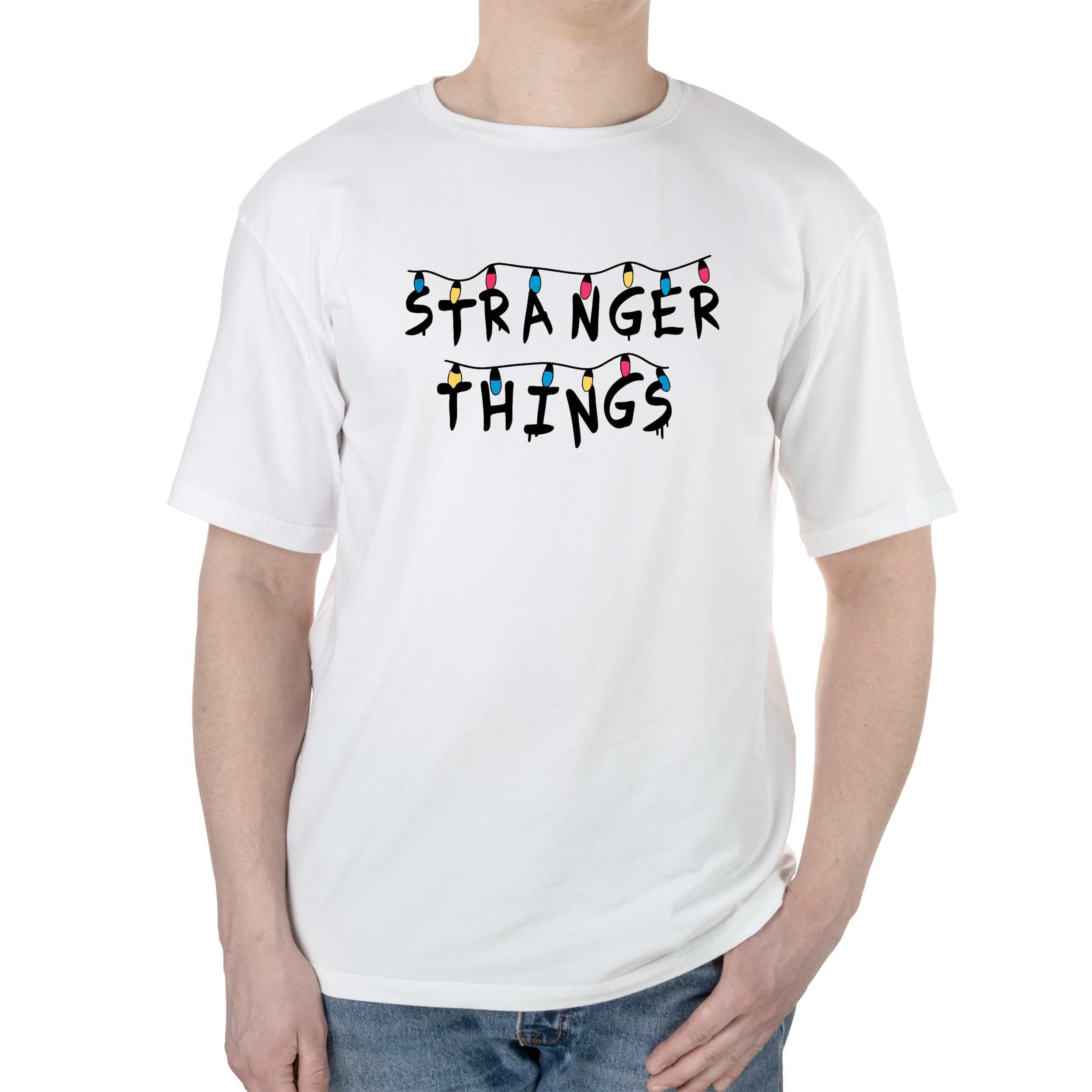 Футболка мужская оверсайз белая хлопок/эластан А4 размера Очень странные дела свет XXL - фото 1 - Футболки