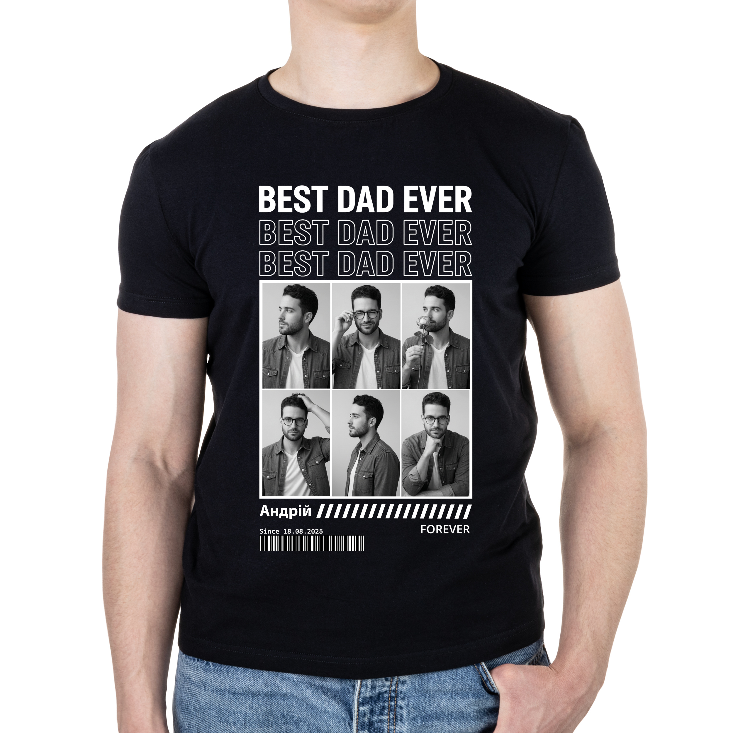 Футболка чоловіча чорна бавовна/еластан А3 розміру BEST DAD EVER (з вашими фото) XS - фото 1 - Футболки
