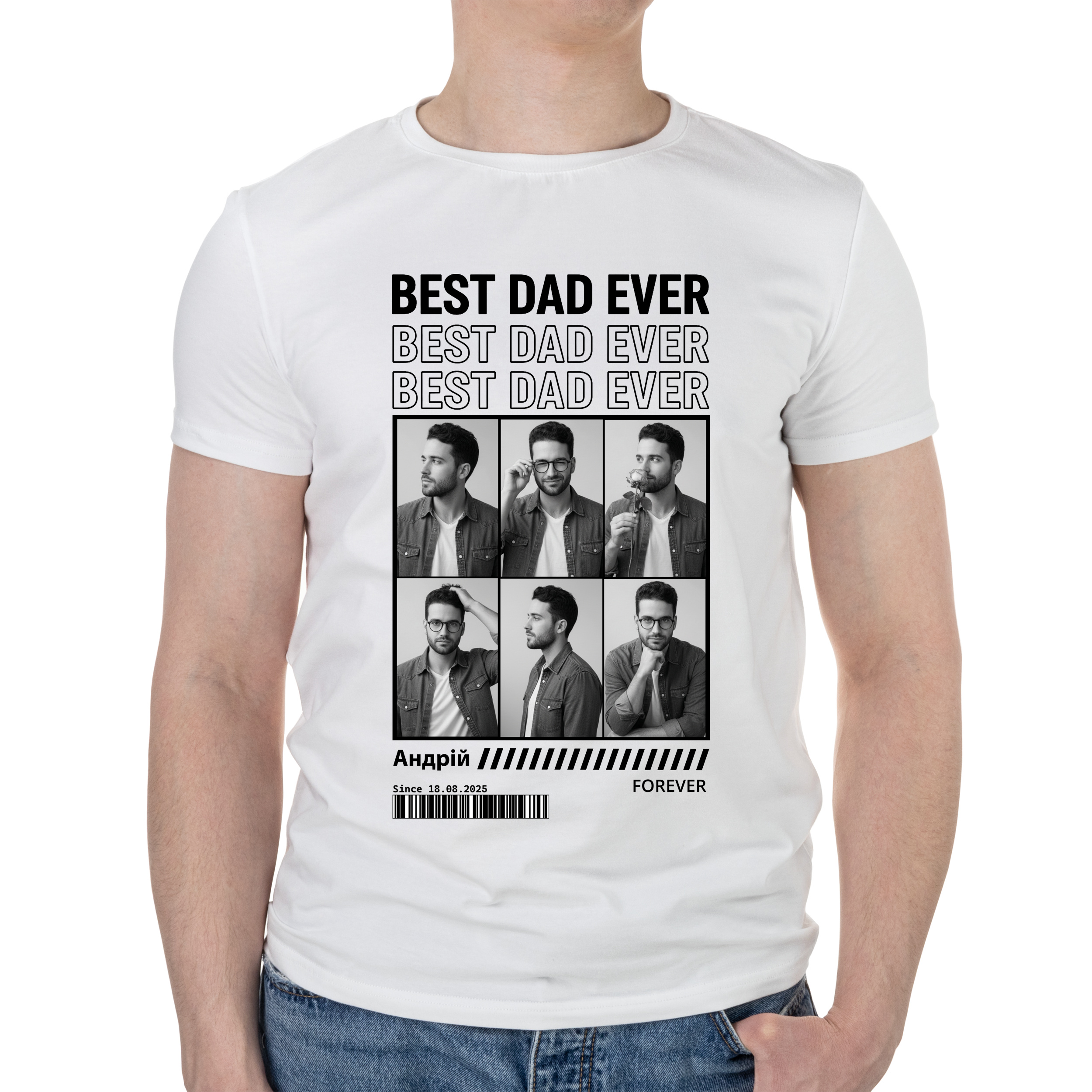 Футболка мужская белая хлопок/эластан А3 размера BEST DAD EVER (с вашими фото) 2 L - фото 1 - Футболки