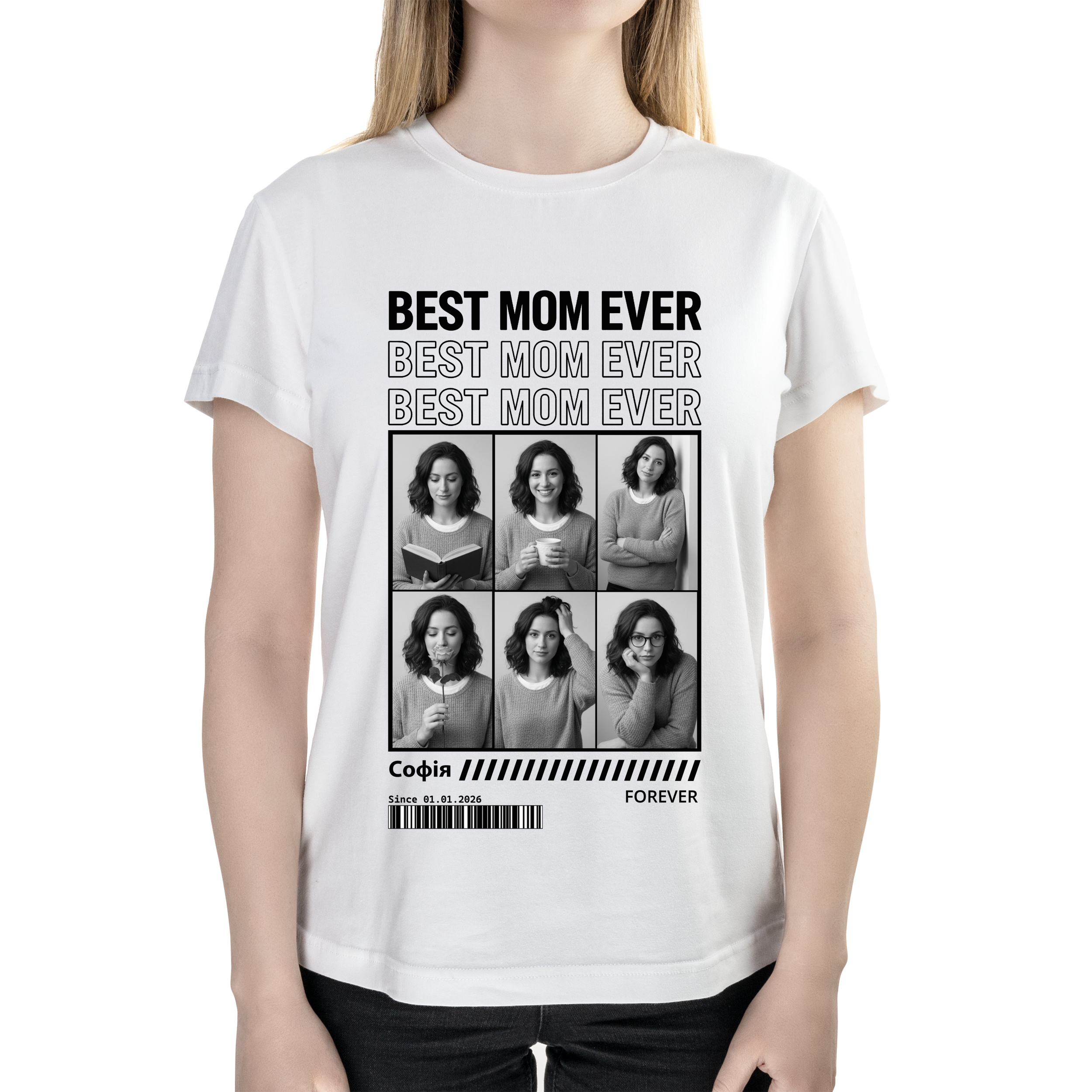 Футболка женская полуприталённая белая хлопок/эластан А3 размера BEST MOM EVER (с вашими фото) S - фото 1 - Футболки