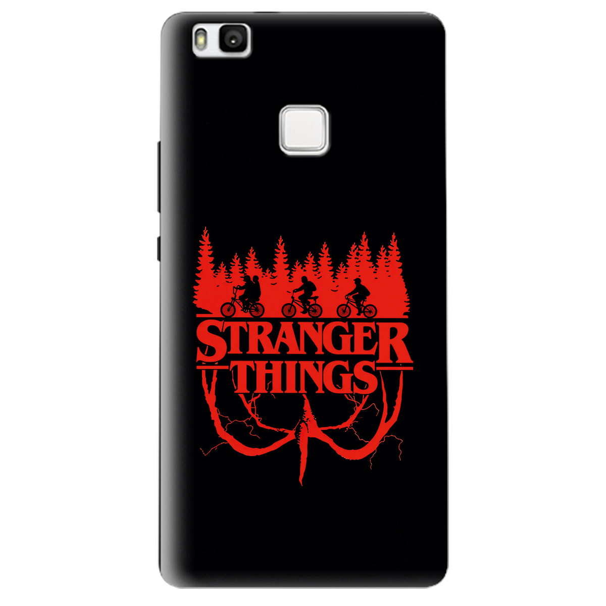 Чехол для Huawei P9 Lite черный матовый soft touch Очень странные дела Таинственный лес - фото 1 - Чехлы для телефонов