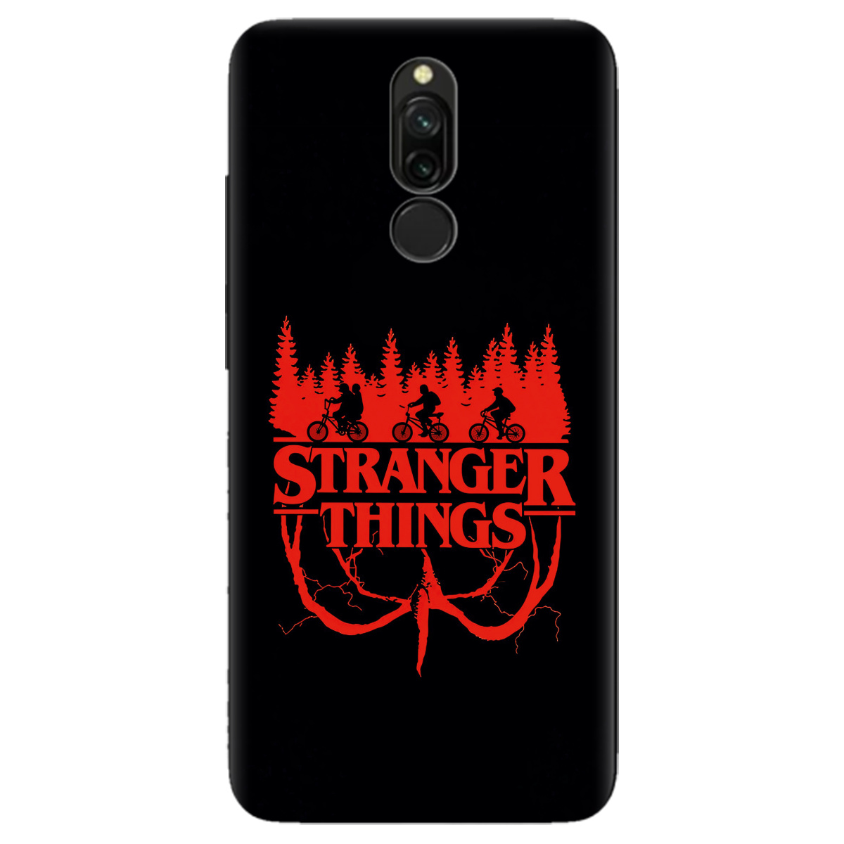 Чехол для Xiaomi Redmi 8 черный матовый soft touch Очень странные дела Таинственный лес - фото 1 - Чехлы для телефонов