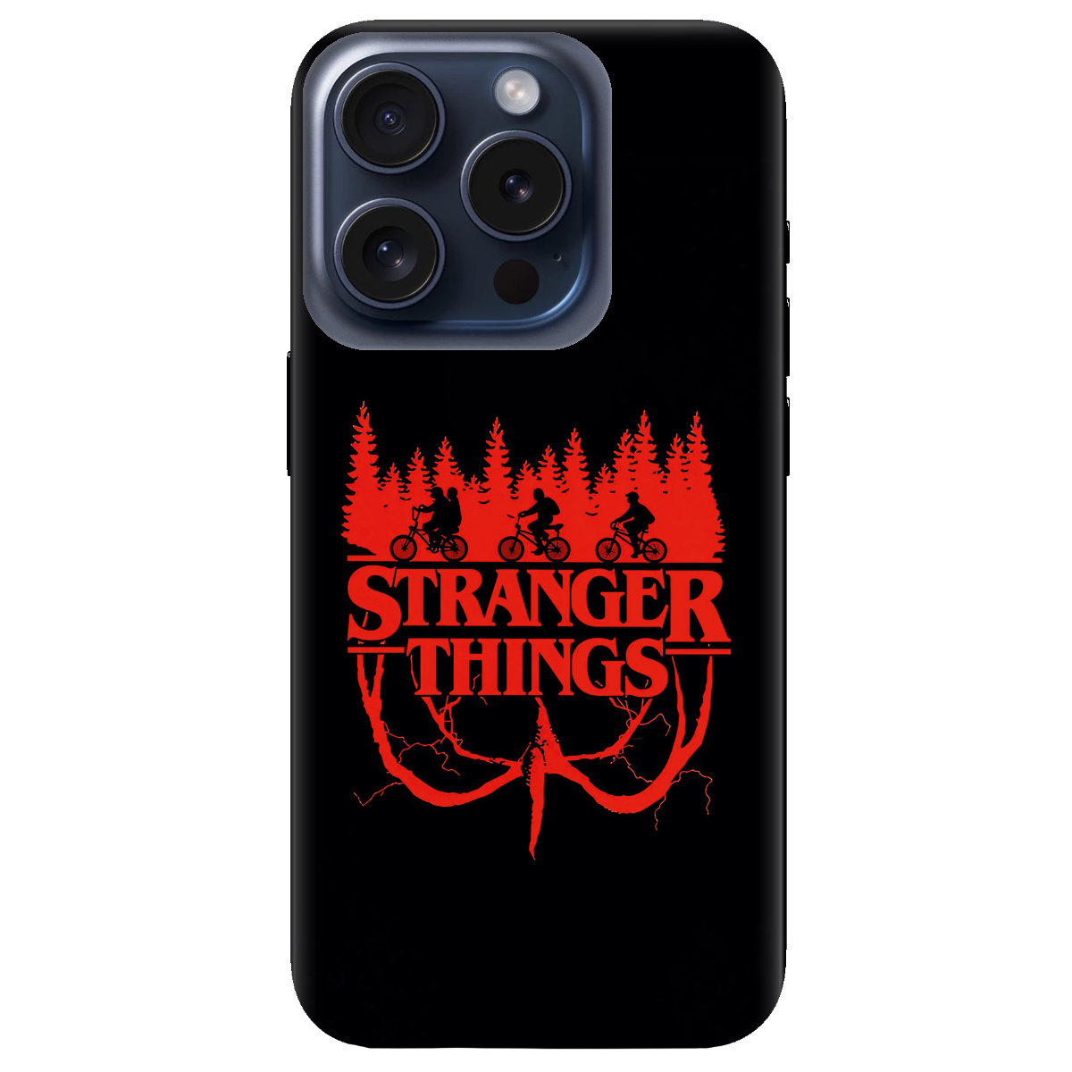 Чехол для Apple iPhone 15 Pro черный матовый soft touch Очень странные дела Таинственный лес - фото 1 - Чехлы для телефонов