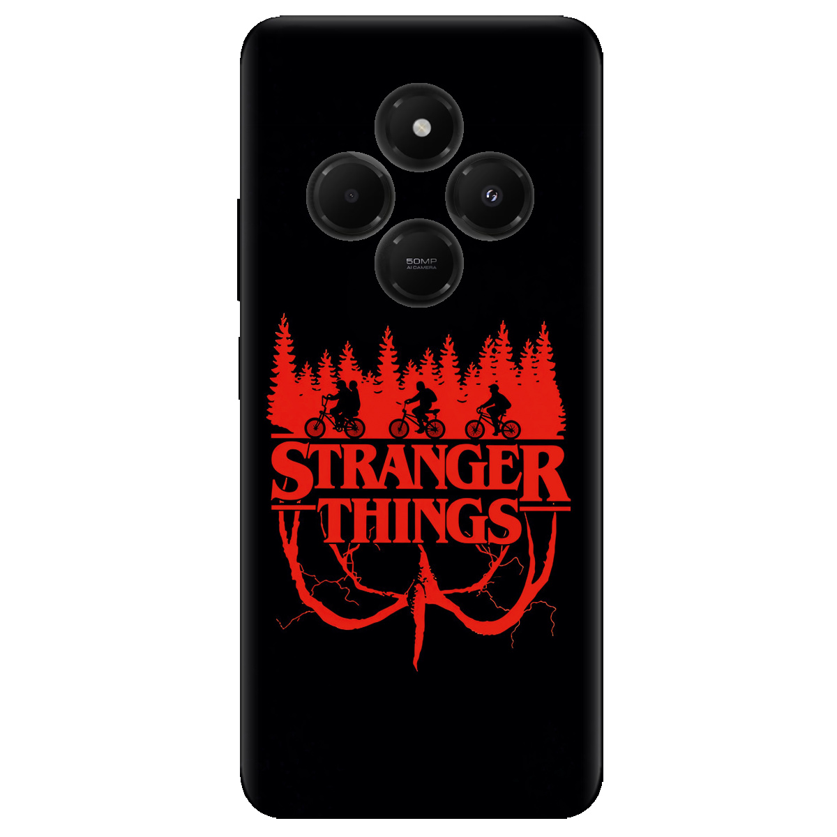 Чехол для Xiaomi Redmi 14C черный матовый soft touch Очень странные дела Таинственный лес - фото 1 - Чехлы для телефонов