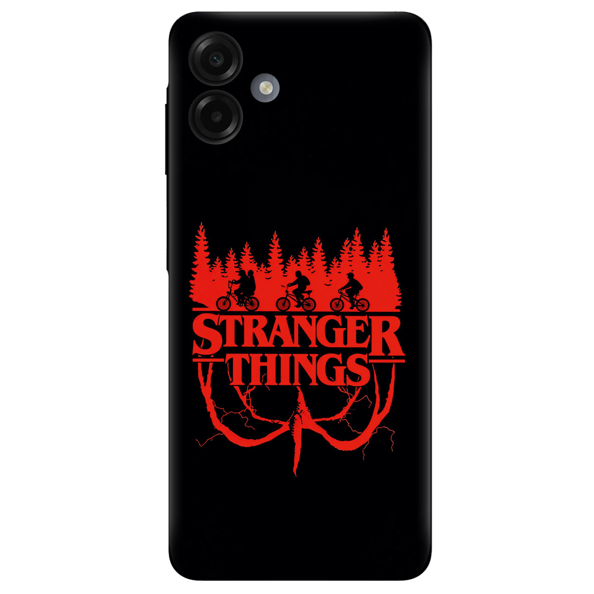 Чехол для Samsung Galaxy A07 черный матовый soft touch Очень странные дела Таинственный лес - фото 1 - Чехлы для телефонов