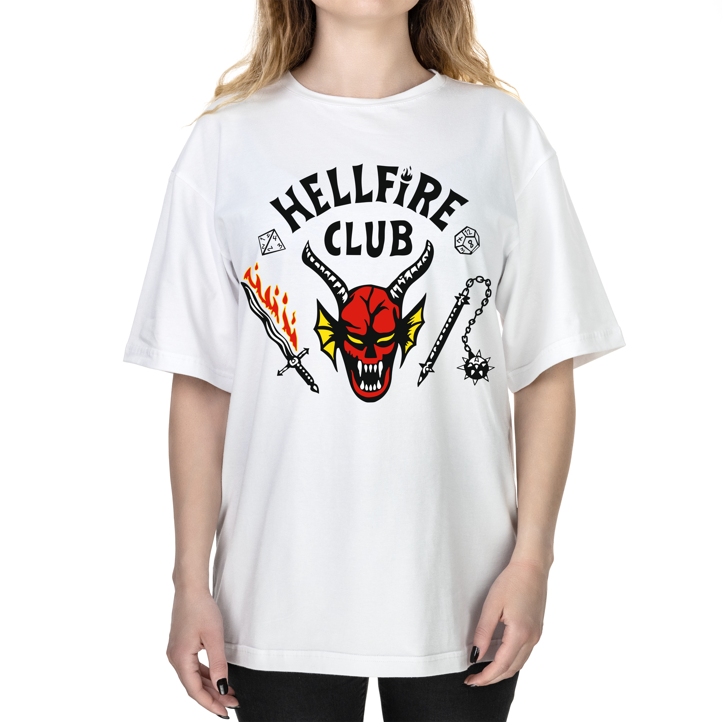 Футболка женская оверсайз белая хлопок/эластан А3 размера Очень странные дела Hellfire Club XS - фото 1 - Футболки