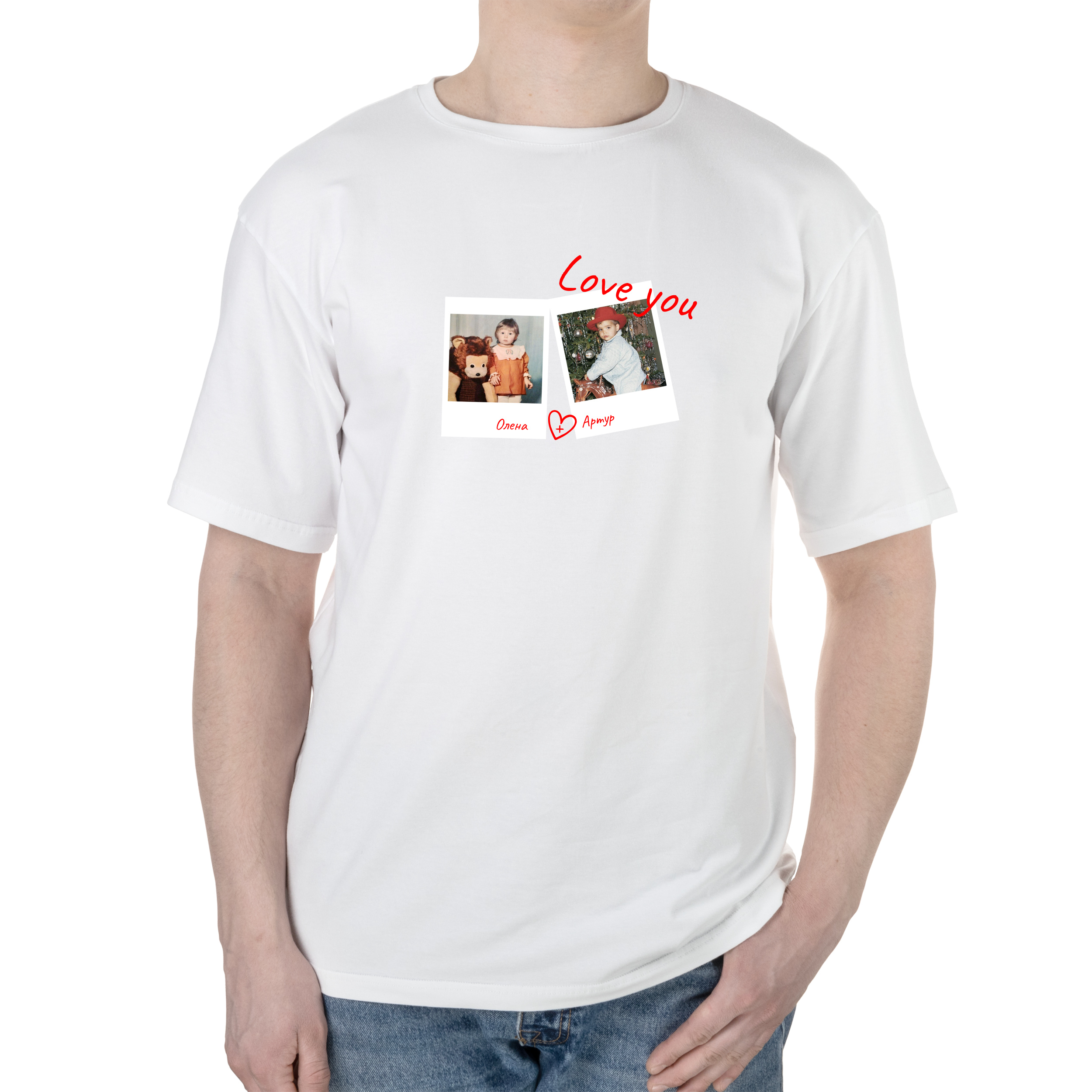 Футболка мужская оверсайз белая хлопок/эластан А4 размера Поллароид (с вашими фото и именами) XXXL - фото 1 - Футболки