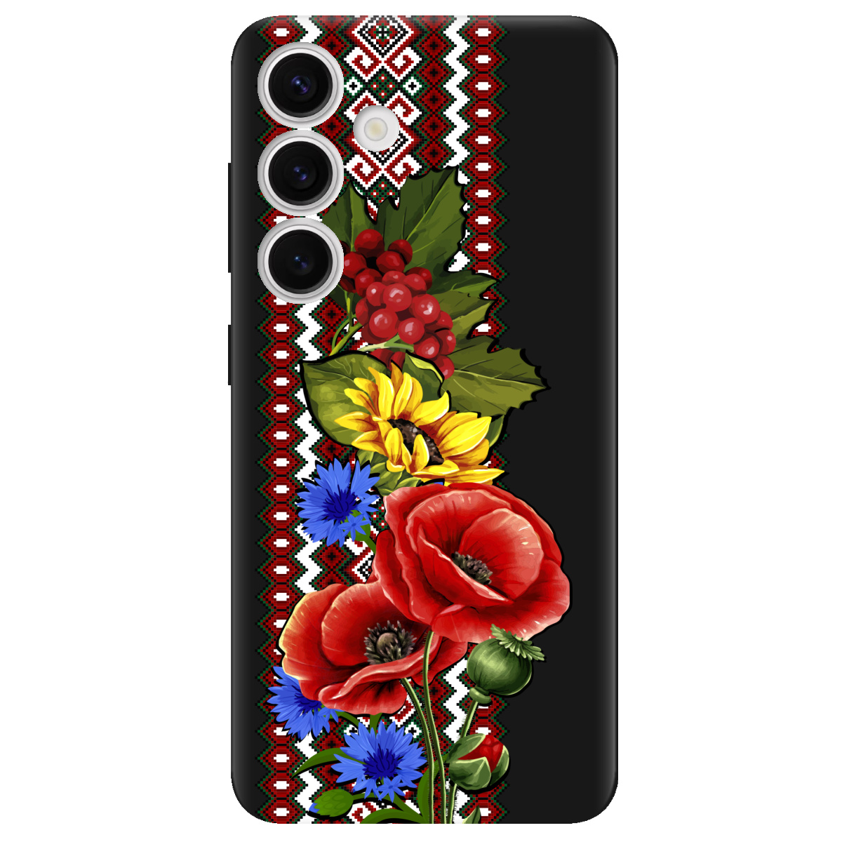 Чехол для Samsung Galaxy S25 Plus черный матовый soft touch Ukraine ornament - фото 1 - Чехлы для телефонов