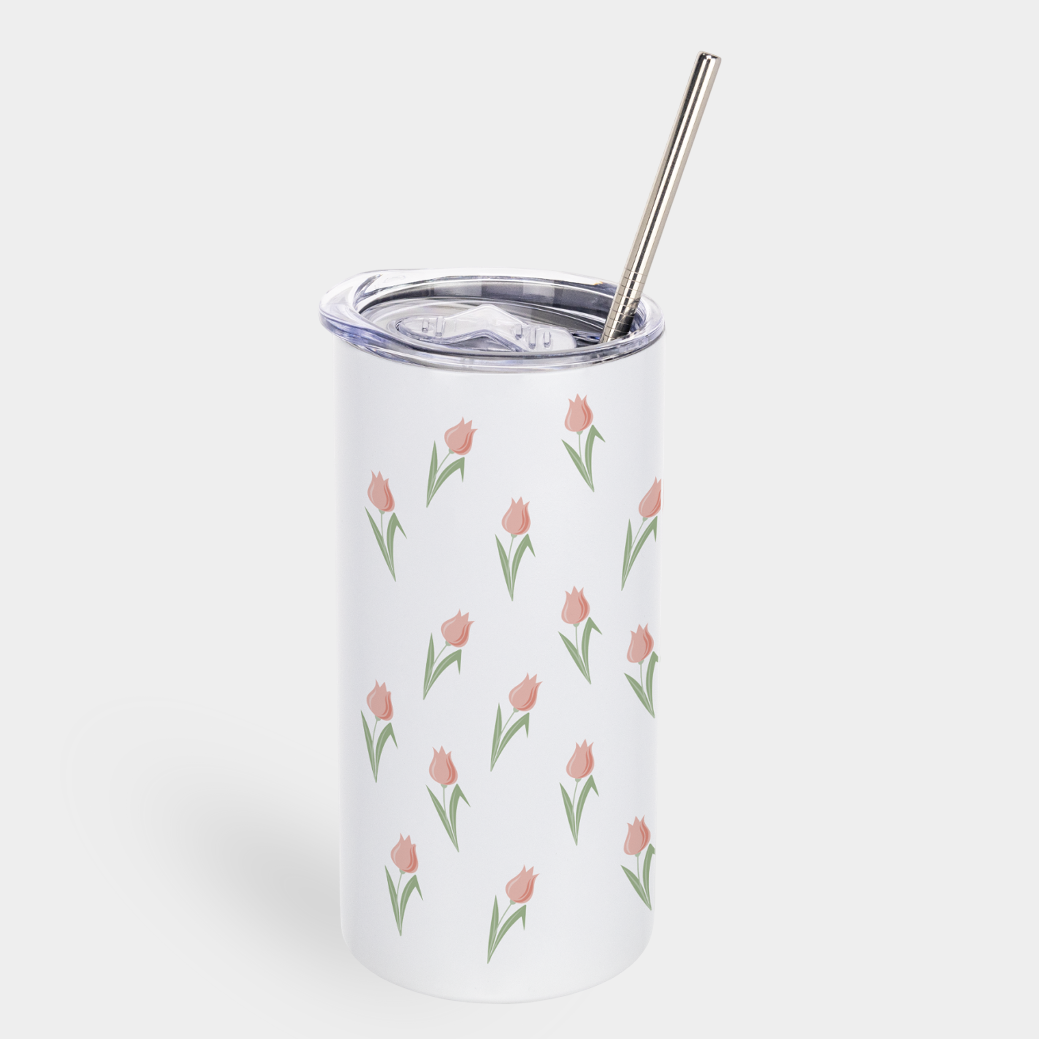 Термочашка металева (сталь 304) "Tumbler" біла з металевою трубочкою (450 мл) Ніжні тюльпани - фото 1 - Термокружки, термосы, фляги