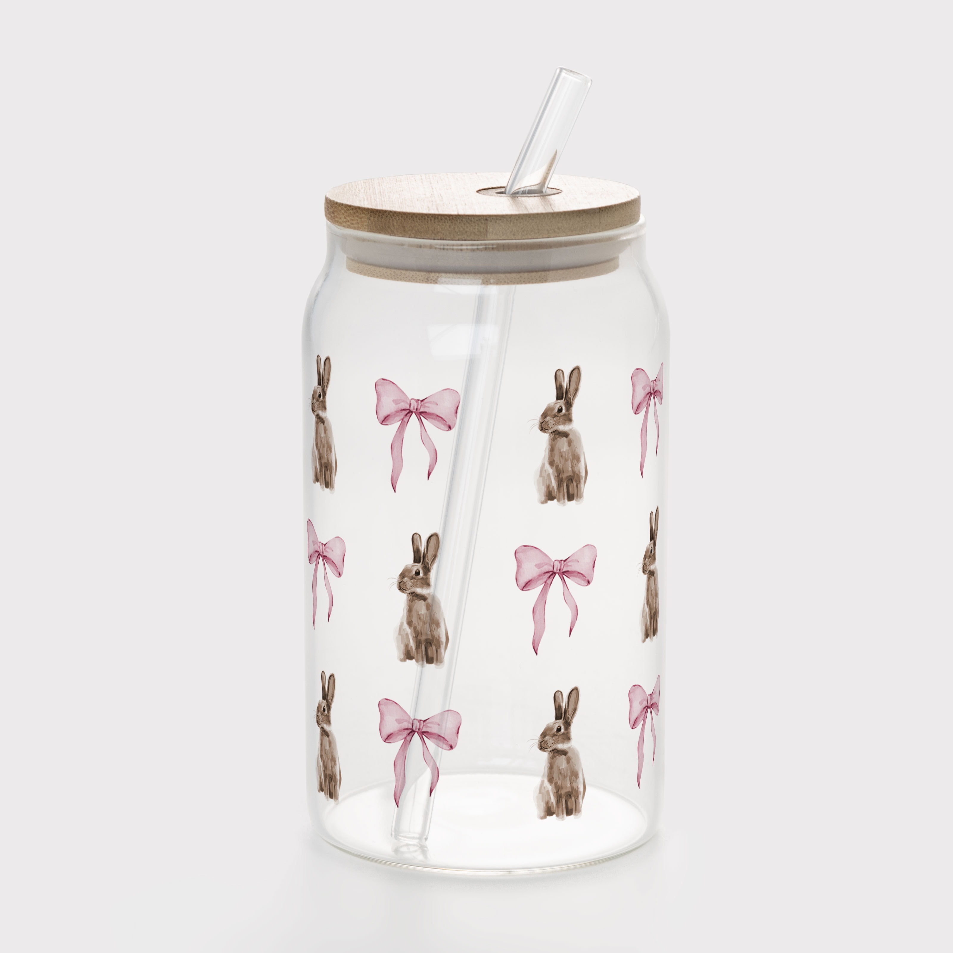 Банка со стеклянной трубочкой и деревянной крышкой стеклянная прозрачная (450 мл) Пушистый бантик - фото 1 - Термокружки, термосы, фляги