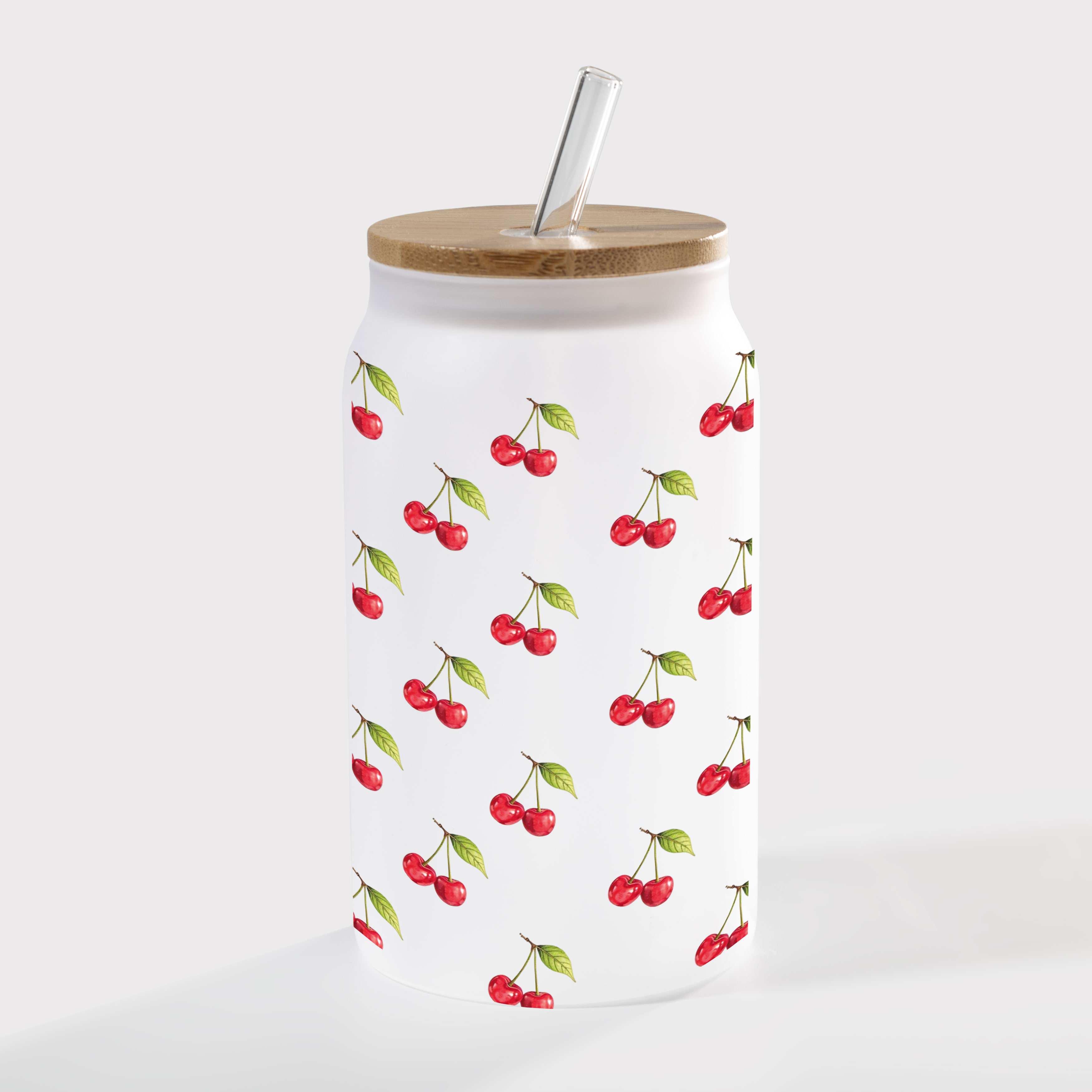 Банка со стеклянной трубочкой и деревянной крышкой стеклянная матовая (450 мл) Вишневый бум - фото 1 - Термокружки, термосы, фляги