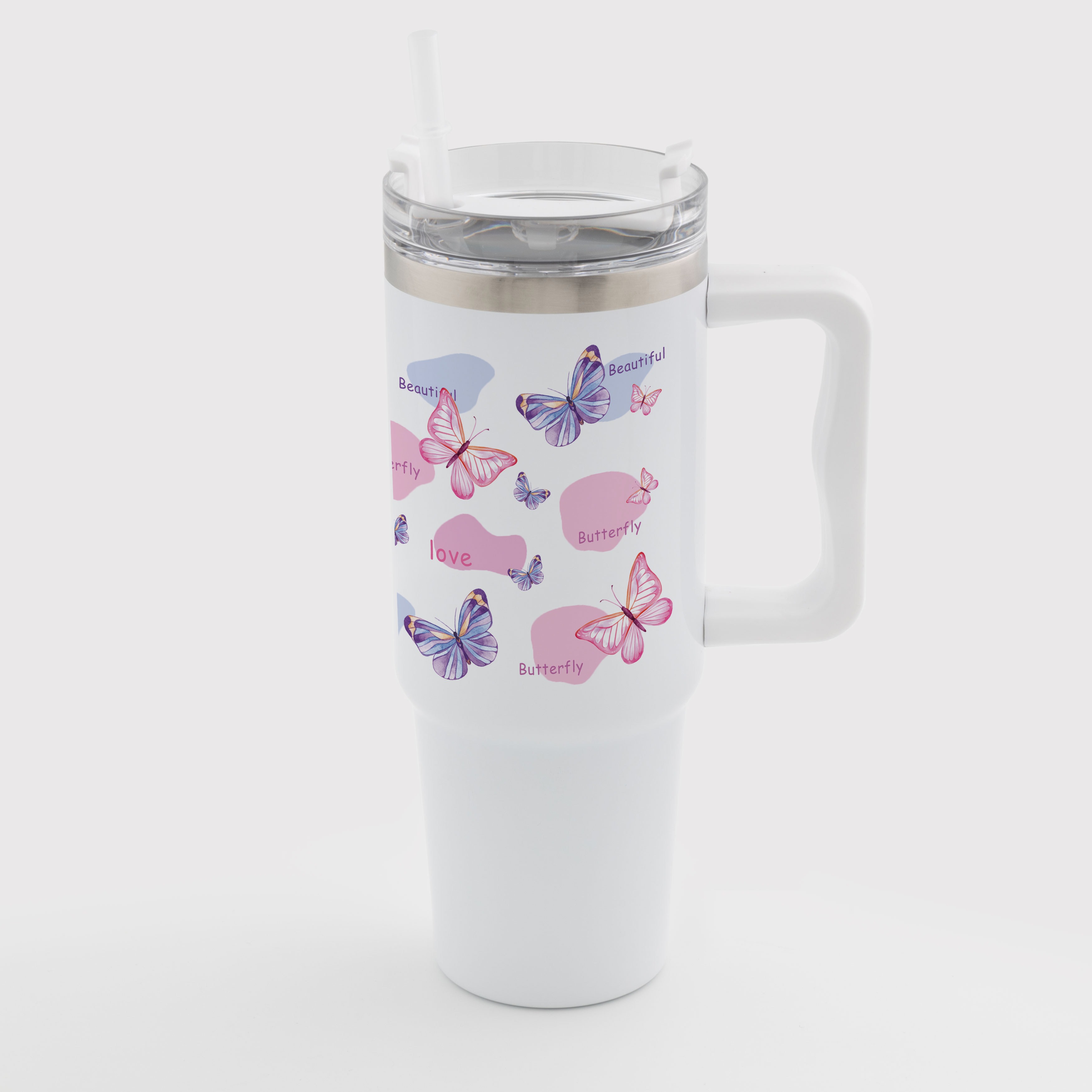 Термокружка белая с прозрачной крышкой и белой ручкой (900 мл) Волшебные бабочки - фото 1 - Термокружки, термосы, фляги