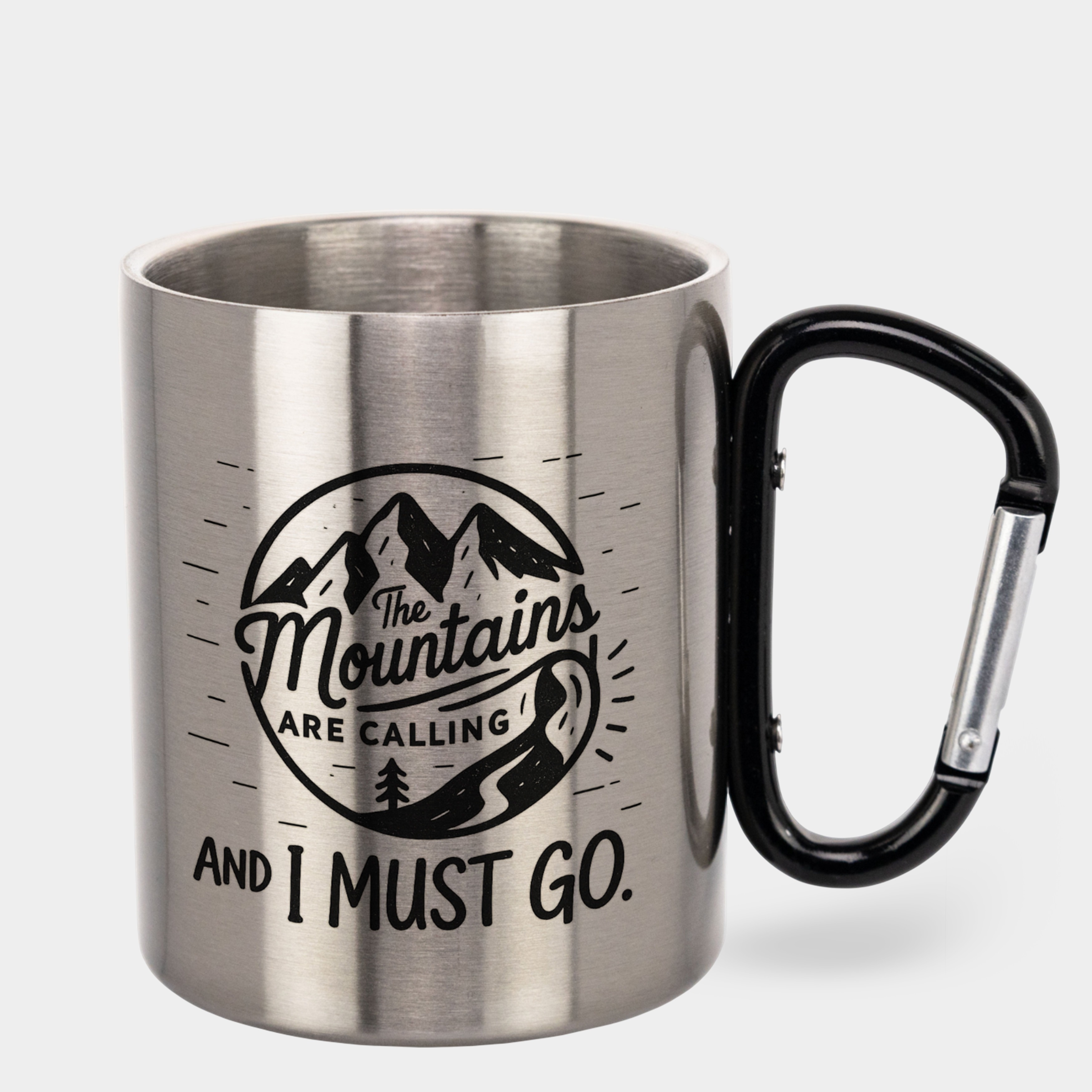 Чашка металева срібляста з чорним карабіном (300 мл) Гори кличуть - фото 1 - Чашки