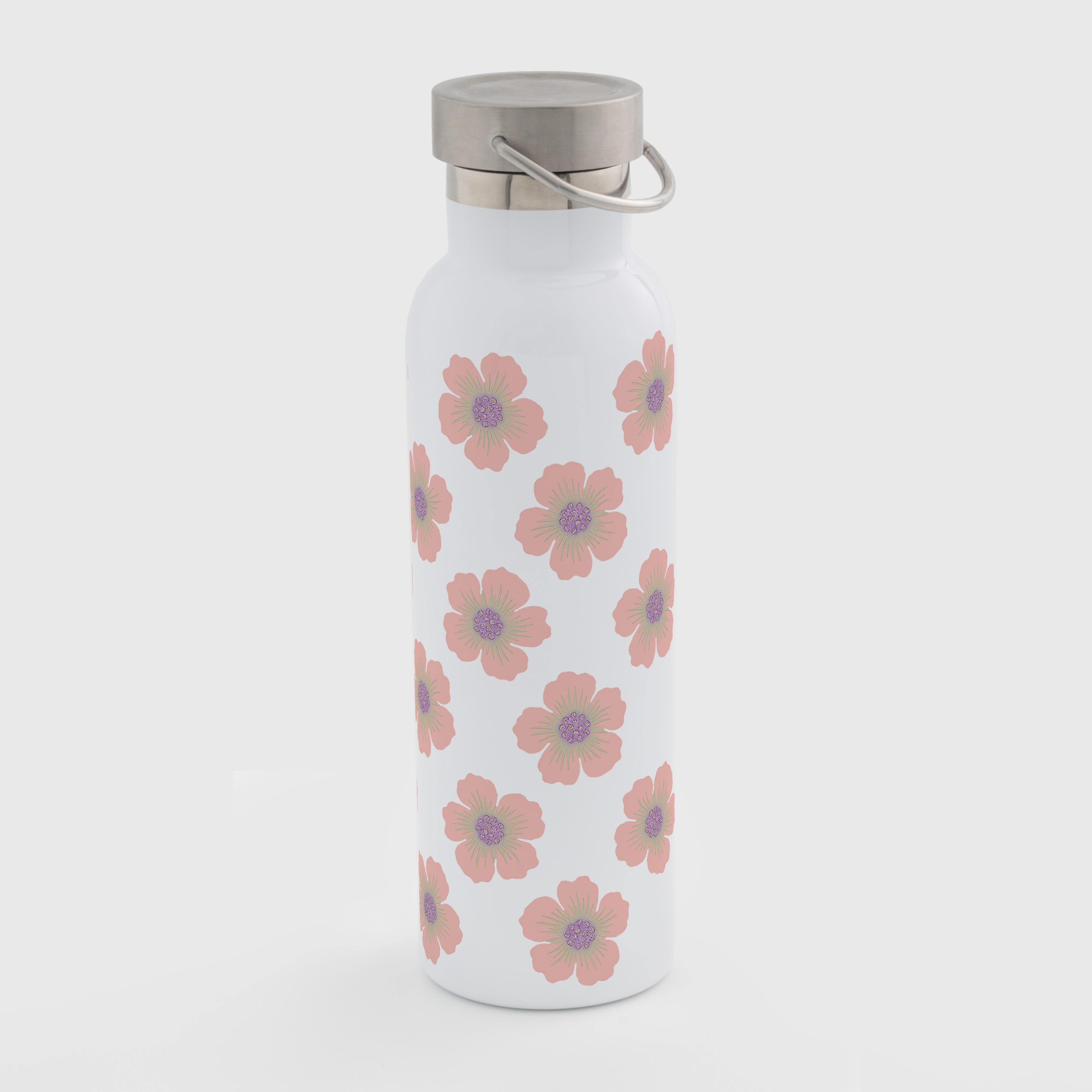 Термобутылка белая с металлической крышкой и ручкой (750 мл) Розовое вдохновение - фото 1 - Термокружки, термосы, фляги