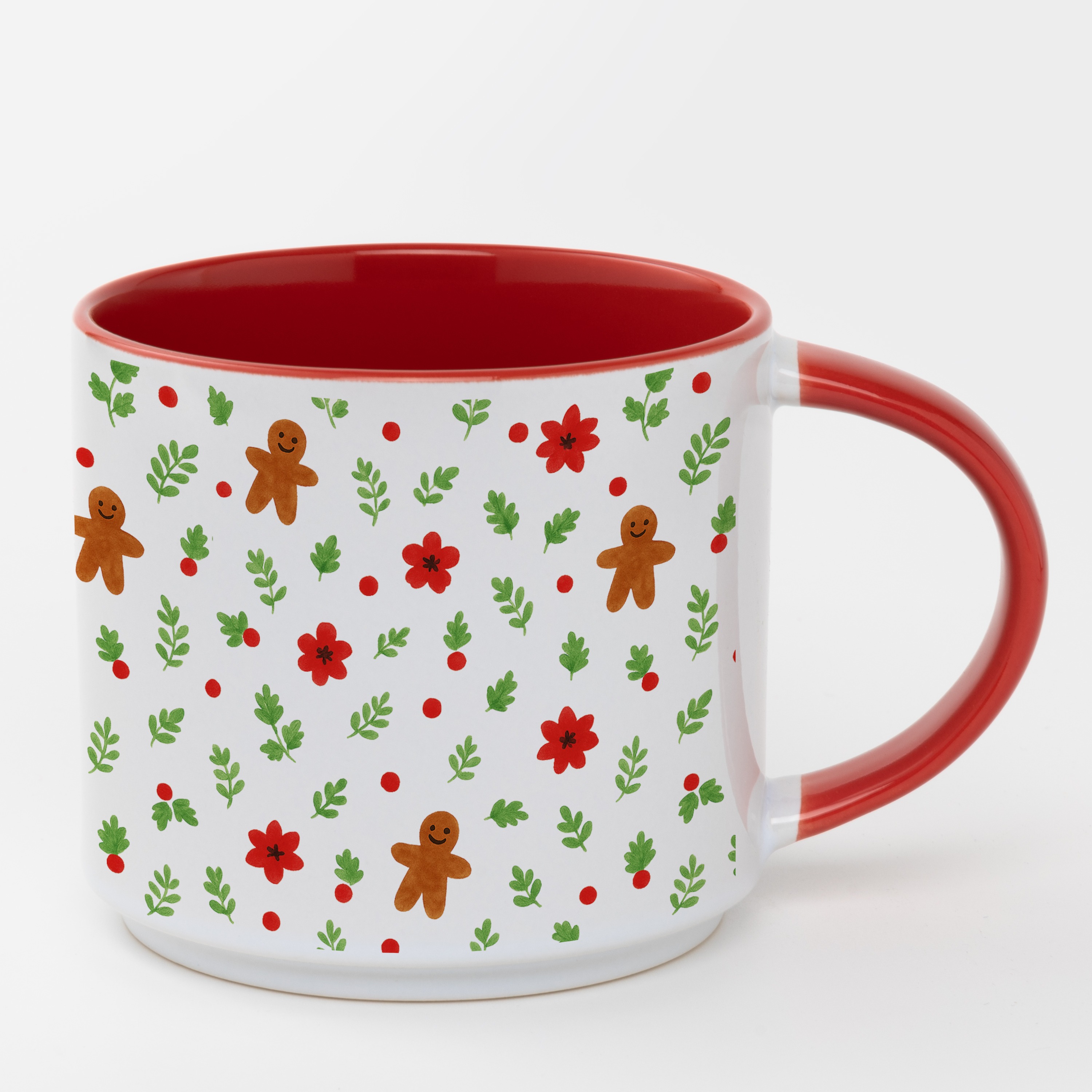 Кружка с красной ручкой, красная внутри (450 мл) Веточки и сладкие пряники - фото 1 - Кружки