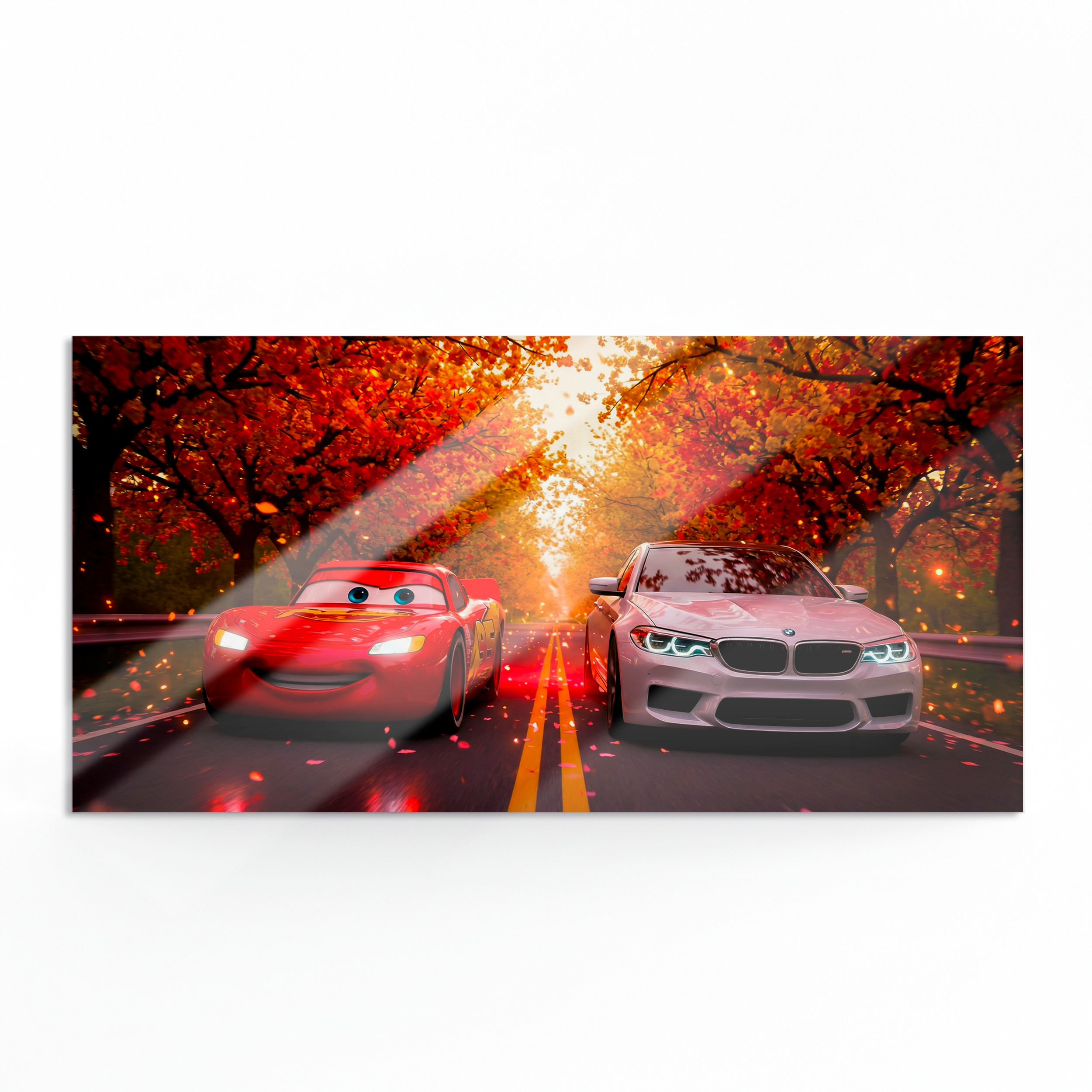 Картина на металле глянцевая (30х60 см) Маквин и BMW - фото 1 - Картины на метале